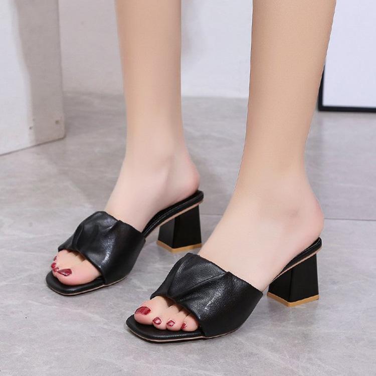 Women's Summer Clip On High Thick Heel Slippers Casual Square Toe Solid Color Outerwear Sandals 5.5cm 35-42