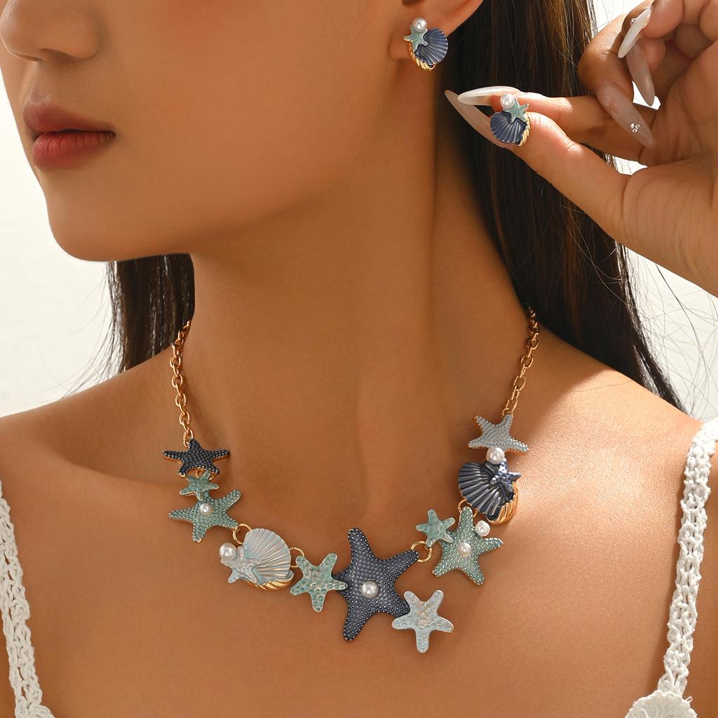 Boho Beach Colorful Enamel Starfish Shell/Flower/Flower Statement Jewelry Set Dopamine Necklace Earrings Summer Vacation Jewelry