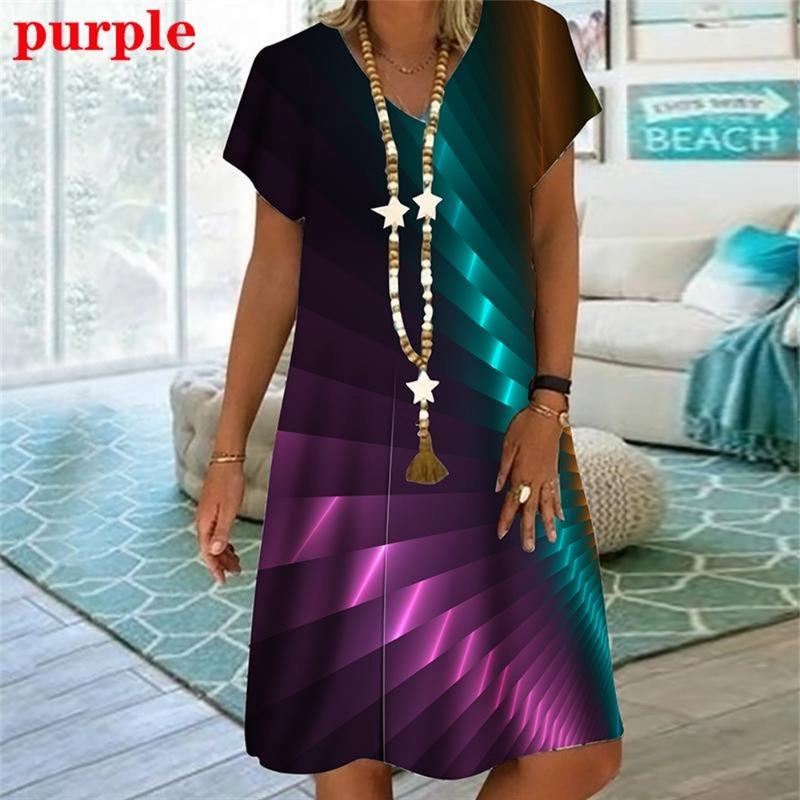 Rainbow Striped 3D Print Women Dress Elegant Sweet Casual V-Neck Short Sleeve A-Line Dress Summer Fashion Oversized Clothing