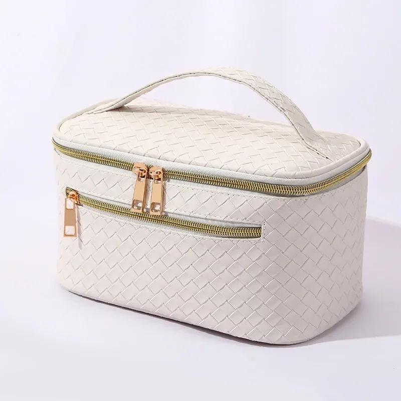 Organizadores de Maquillaje de Gran Capacidad Bolsa de Cosméticos de Cuero PU Organizador de Artículos de Aseo para Mujer Impermeable Estuche de Maquillaje de Almacenamiento a Cuadros Femenino