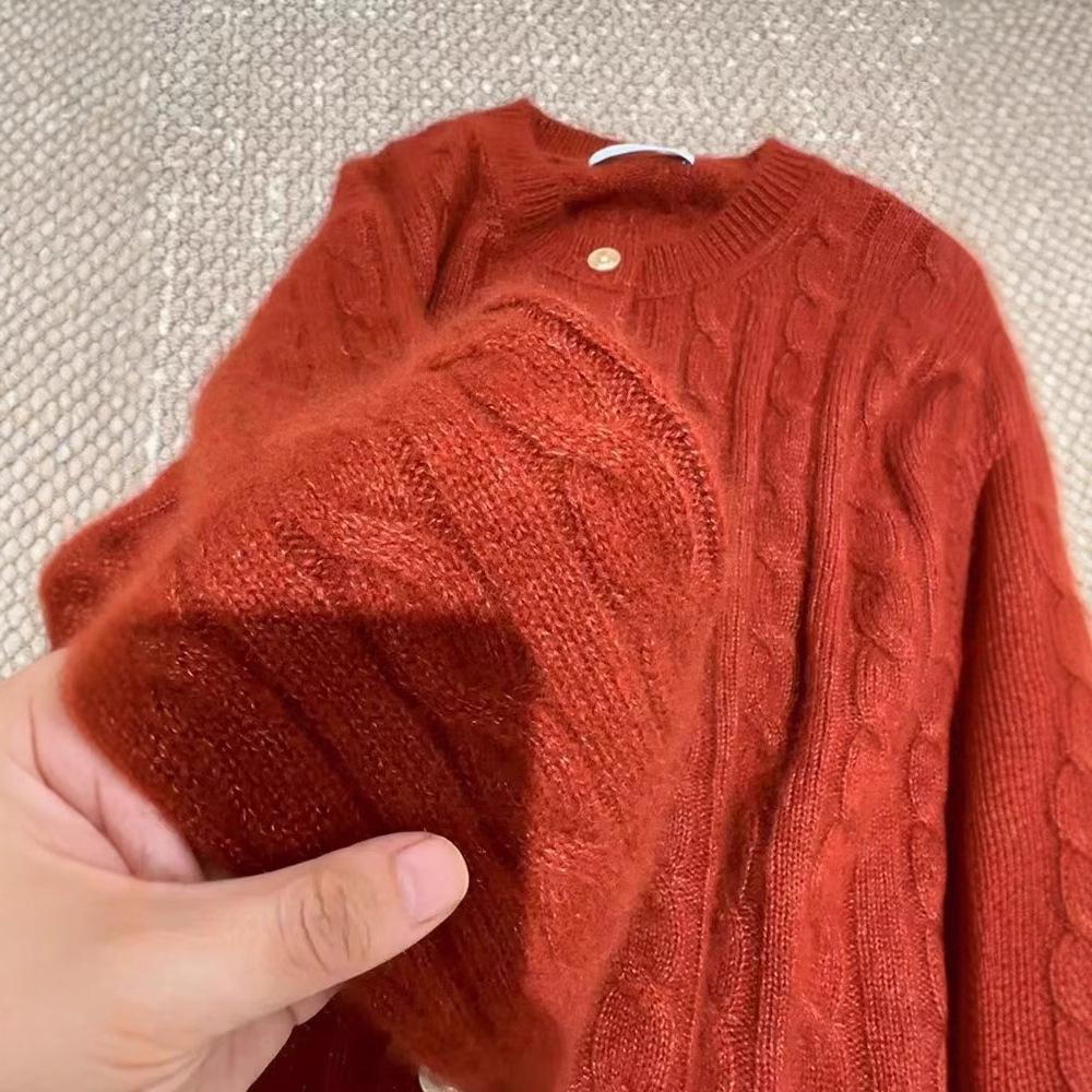 Women's Cashmere Round Neck Cardigan - Year of the Rooster Red, Thick & Fashionable Bright Silk Cable Knit Sweater for Autumn/Winter.