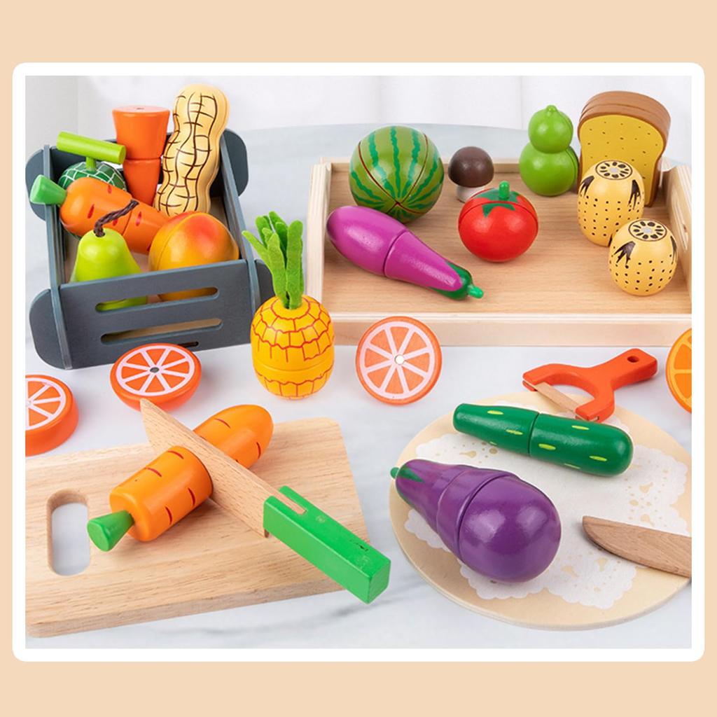 SINGERTOP Pretend Play Kitchen Set for Educational Toy with Fresh Fruits and Wooden Play Set with Slicing Function and Magnetic Perfect for Boys and