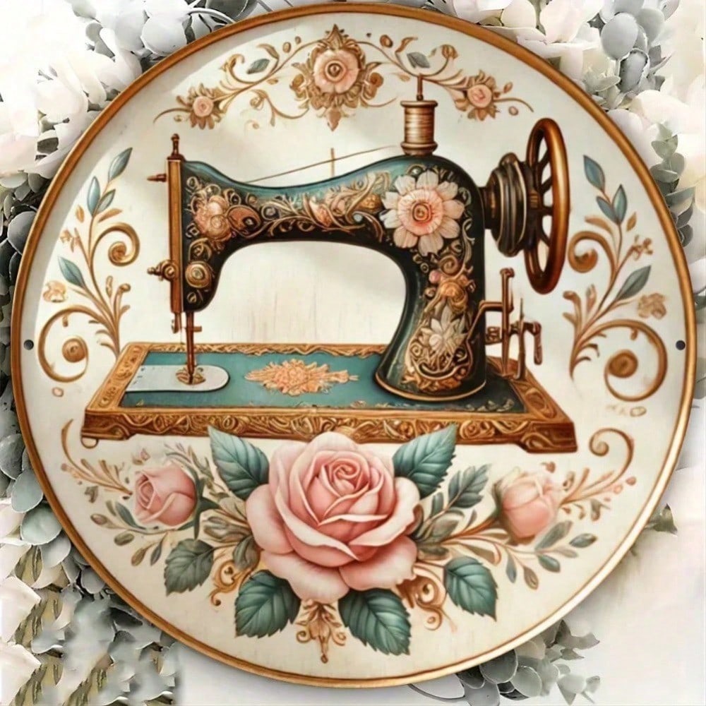 

Floral Sewing Machine Iron Wall Art Pink Roses Blue Fabric Easy Hang Home Decor Living Room Bedroom Kitchen 20x20 різнокольоровий
