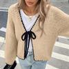 Women's V Neck Long Sleeve Knit Cardigan Regular Fit Elegant Bow Tie Front Solid Knit Cover Up Sweater