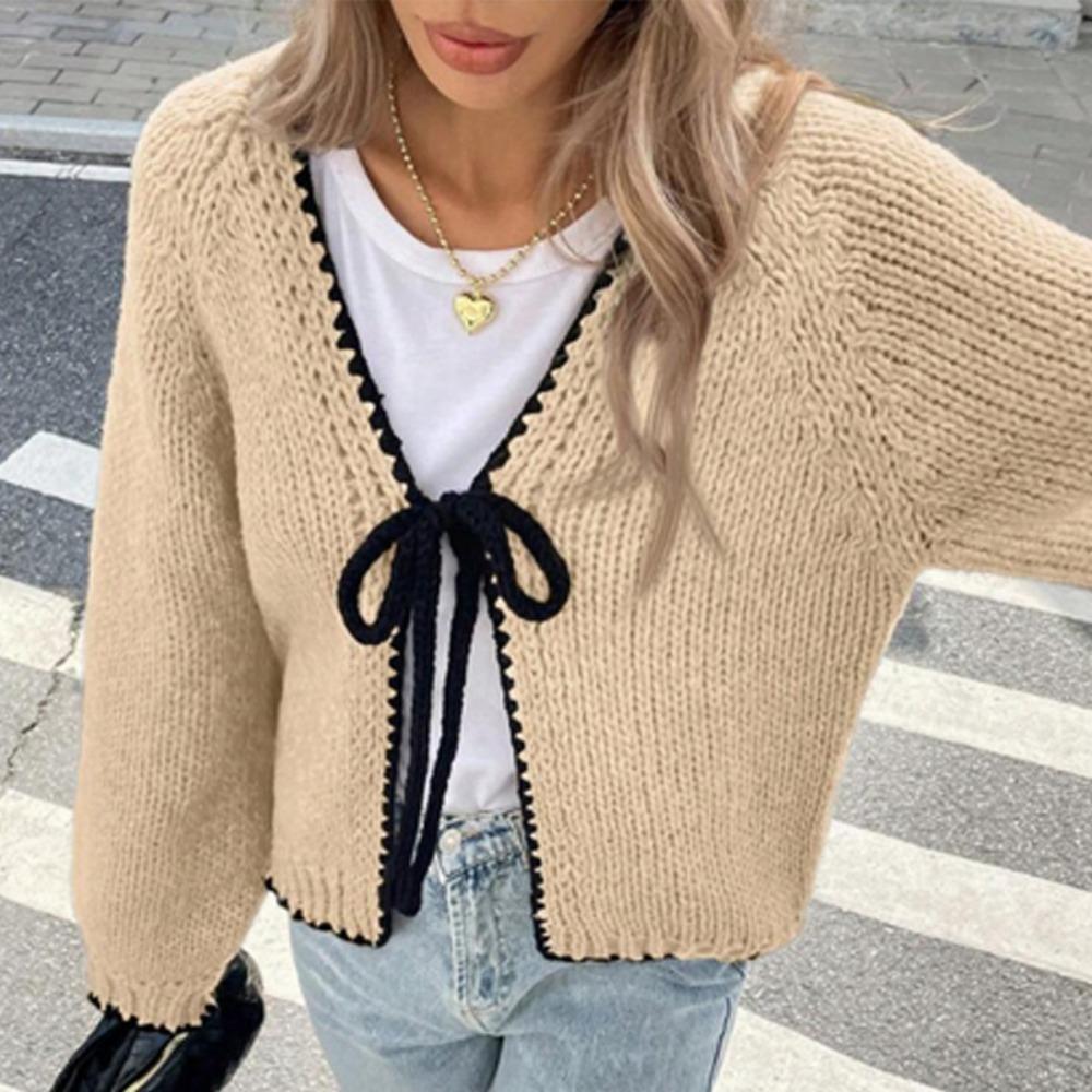 Women's V Neck Long Sleeve Knit Cardigan Regular Fit Elegant Bow Tie Front Solid Knit Cover Up Sweater