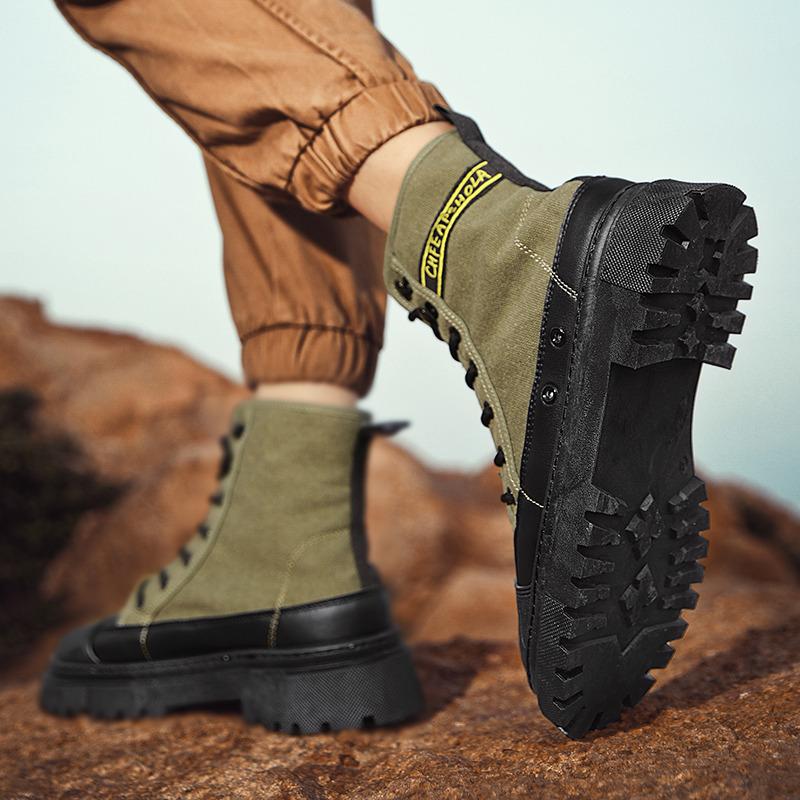 Autumn Winter Fashion Green Men Motorcycle Boot Platform Breathable Canvas Boots Men Lace-up Ankle Boots for Men Botas Masculino