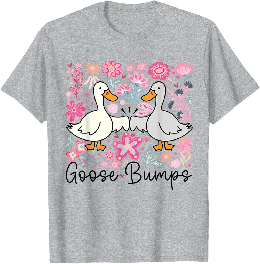 Goose Bumps Duck Floral Pun Graphic Tee Cute Casual Short Sleeve T-Shirt for Women