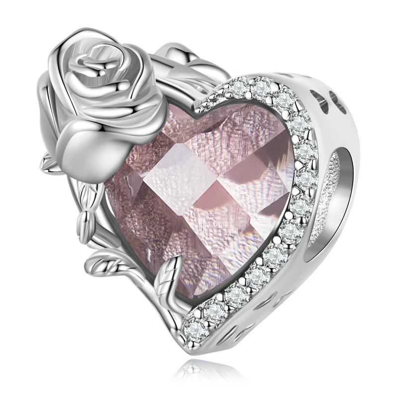 WOSTU Real 925 Sterling Silver Birthstone Beads Multi Color Crystal Zircon Heart Shape Flower Charms for Women Birthday Gift