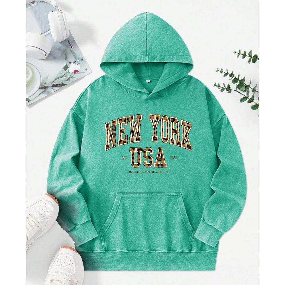 New York Leopardenmuster Damen Gewaschener Hoodie Persönlichkeit Baumwolle Streetwear Tasche Mehrfarbig Kleidung Pullover Lockerer Kapuzenpullover