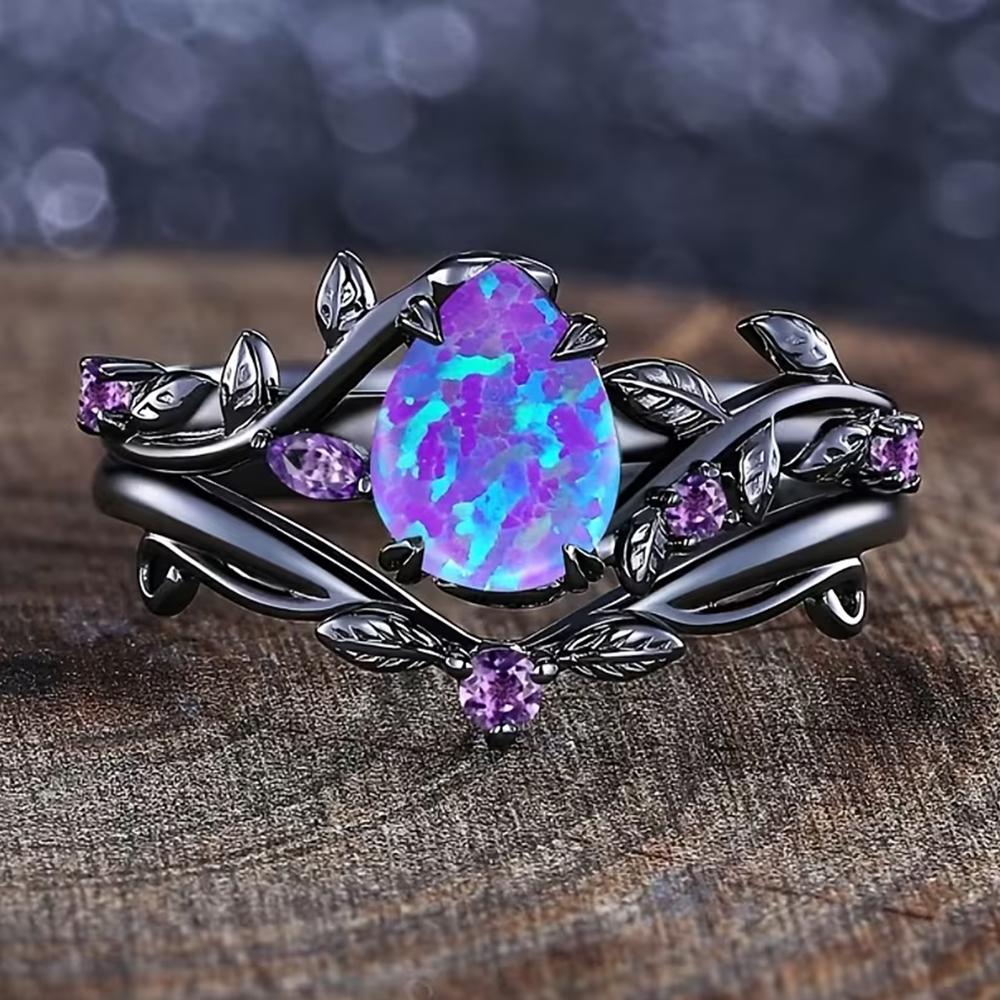 Vintage Black Gold Leaf Teardrop Opal Ring for Women Purple Amethyst Accent Gothic Engagement Ring Fashion Jewelry Gift