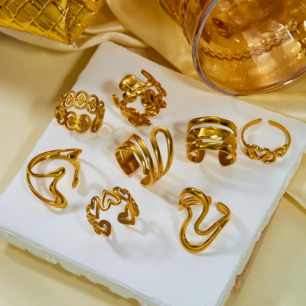 Stainless Steel Gold Color Love Heart Ring Set For Women Hollow Flower Geometric Finger Rings Party Vacation Waterproof Jewelry