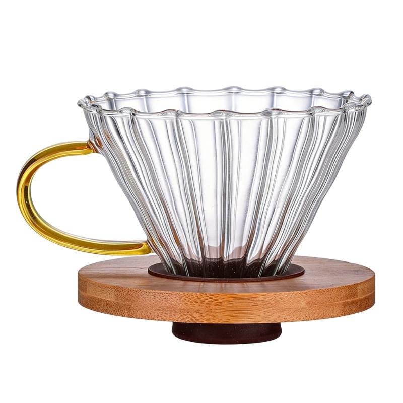 

Transparent Glass Coffee Dripper Waved Pattern and Red Wood Base Pouring Over Coffee Filter Brewing Tool 1