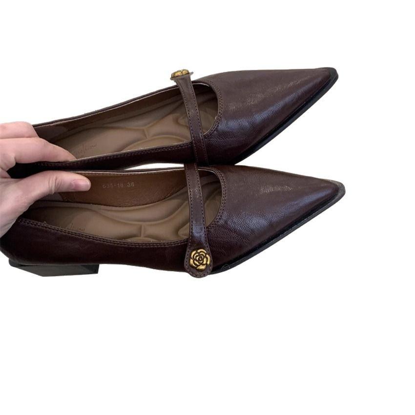 New camellia versatile pointed head light mouth high heel commuter shoes black thick heel Mary Jane shoes