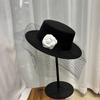 French Hepburn Style Flat Top Top Hat Women's Black Mesh Camellia Elegant Retro Performance Photo Hat Flat Edge Gift