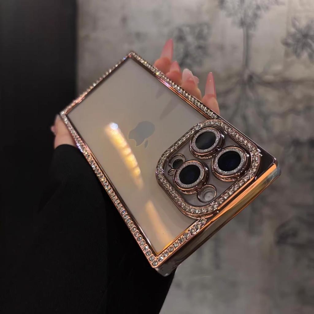 Luxury Plating Diamond Rhinestone Case for iPhone 16 15 14 Plus 13 Pro Max Bling Glitter Square Soft Clear Silicone Bumper Cover