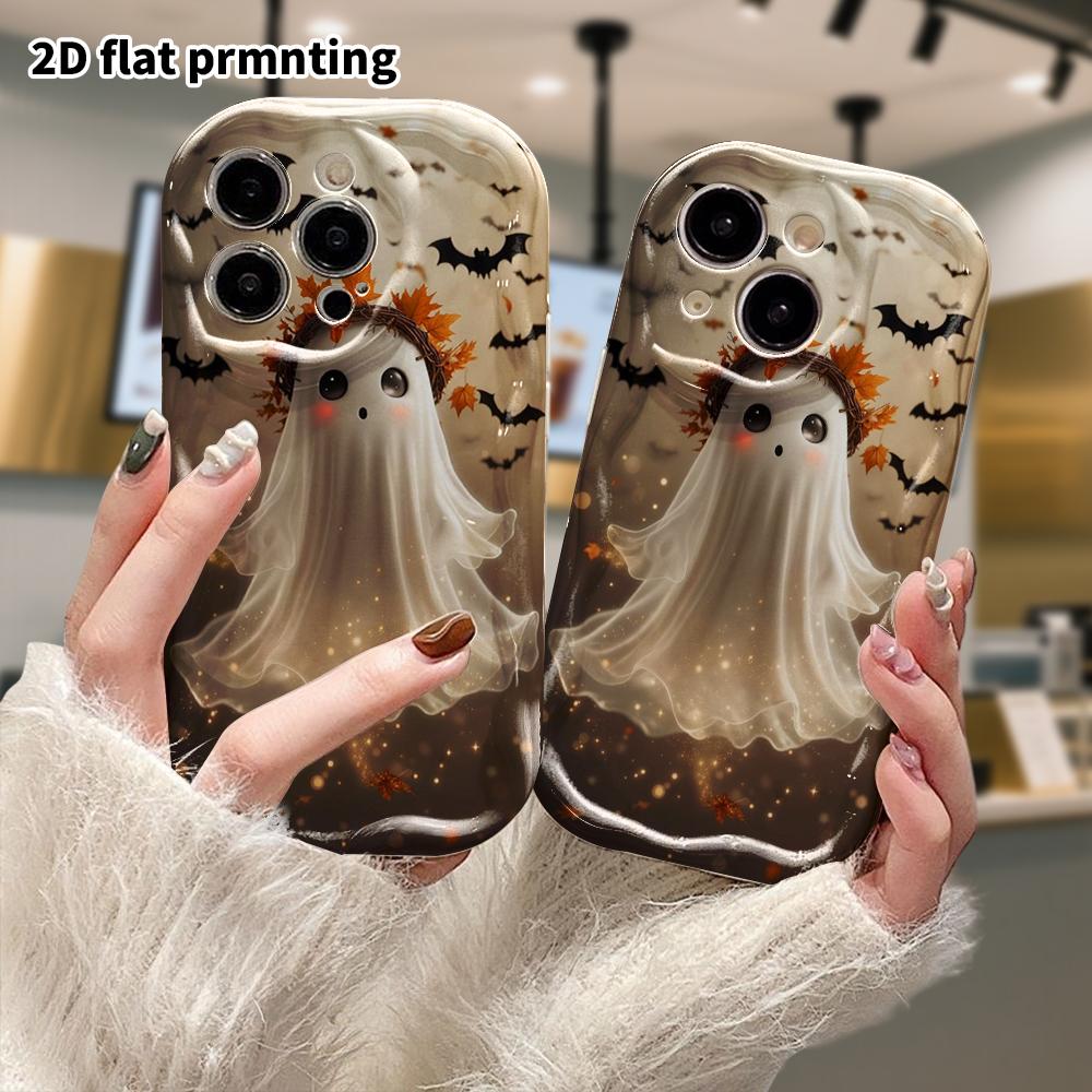 Phone Case: 2D Flat Design, Fits iPhone 12 To 18 Pro, Phone Decoration, Transparent Ghost with Wreath, Perfect for Halloween and Christmas Gifts