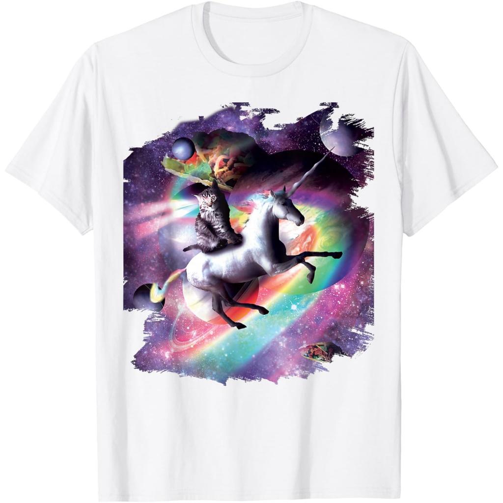 Space Cat Riding Unicorn Graphic Print Mens Cotton Casual Crewneck Tshirt