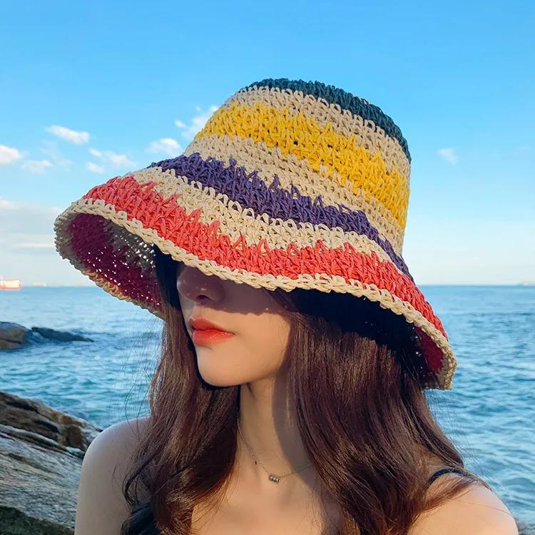WTEMPO Coloful Striped Hollow-out Sun Hats Retro Elegant Summer Beach Sunscreen Hats Wide Brim Foldable Large Hats