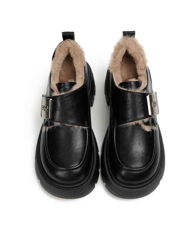 Mary Jane platform loafers women's 2025 autumn and winter new small leather shoes British style heightening warm wool cotton shoes