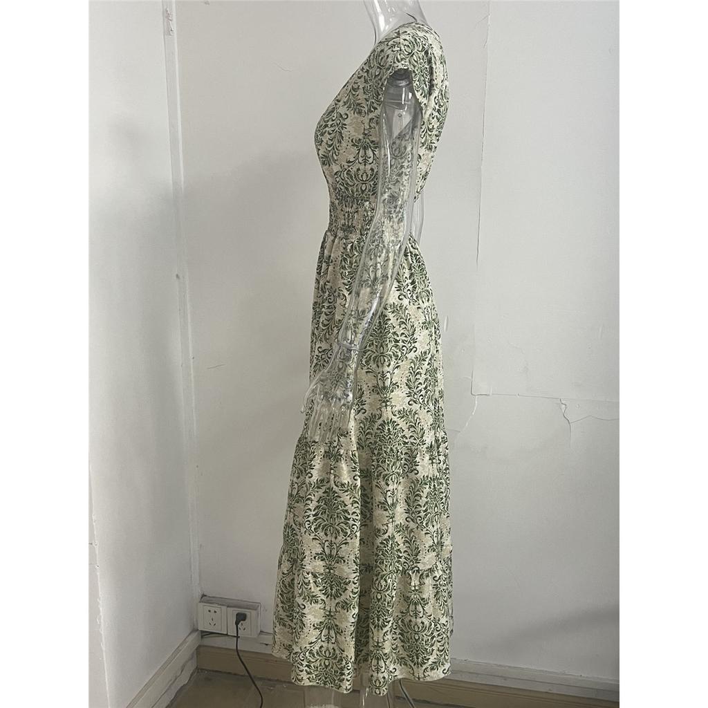 Women's short-sleeved V-neck retro printed dress Fashion elegant long dress