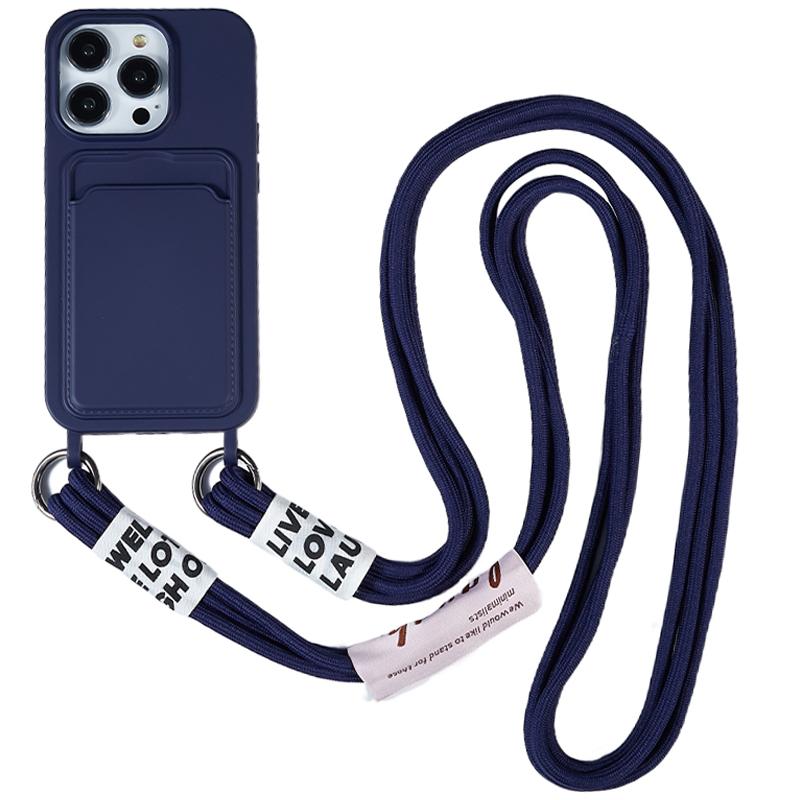 

For iPhone 15 Pro Soft Slim Protective Case Liquid Silicone Card Holder Cover with Strap Dark Blue