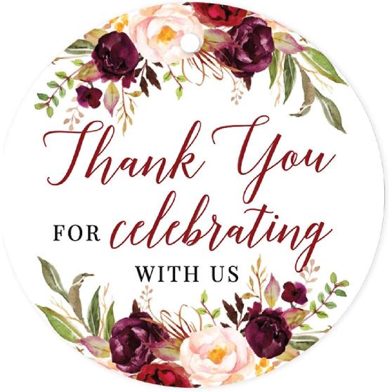 Andaz Press Fall Autumn Burgundy Maroon Floral Flowers Party, 2-Inch Round Circle Label Stickers, Thank You for Celebrating with Us Sticker, 40-Pack,