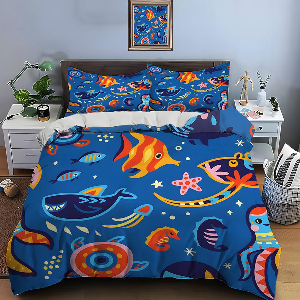 Cartoon underwater animals design Bedding Set for Kids Luxury Gift 3pcs Digital Print Comforter Set Soft Comfortable Breathable