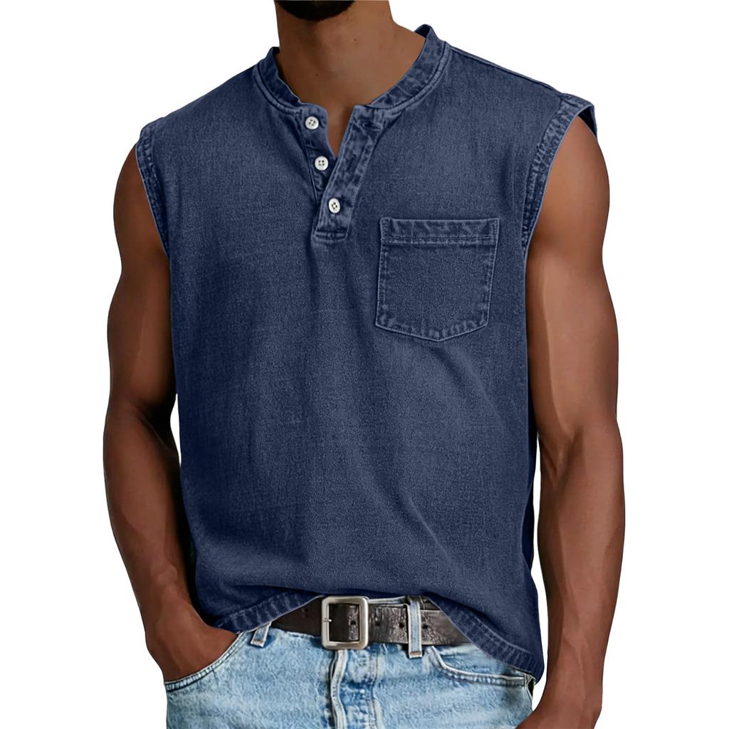 Canotta da uomo senza maniche in cotone con tasca, vestibilità casual rilassata, stile Henley, maglia sportiva per muscoli, per l'uso quotidiano