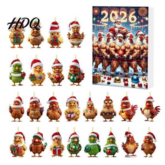 Acrylic Hanging Decorations Chicken Advent Calendar 2026 24 Days Christmas Countdown with 2D Flat Ornament Set Ornament Cartoon Pendant for