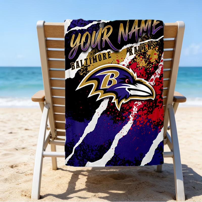 Custom Name Beach Towel Ravens Team Spirit Beach Towel, Soft Microfiber, Gift for Her/Him, Birthday, for Pool, Beach, Travel, Fan Gifts