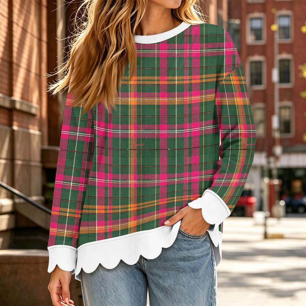 Women's Scalloped Wavy Hem Crewneck Sweatshirt Loose Fit Printed Long Sleeve Pullover Top