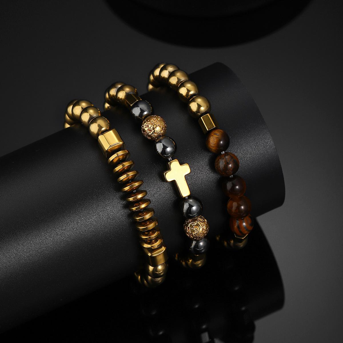 Metal black gallstone bracelet men s simple cross multi-layer elastic tiger stone beaded bracelet золотой