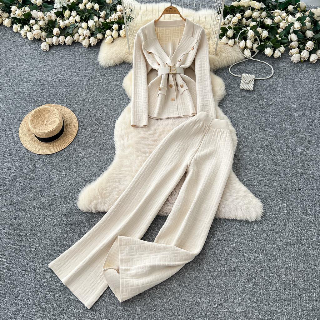 Herbst Winter Damen Vintage Designer Strickpullover Hose Zweiteiliges Set Blazerkragen Jacke Mantel und Weitbeinige Hose Trainingsanzug