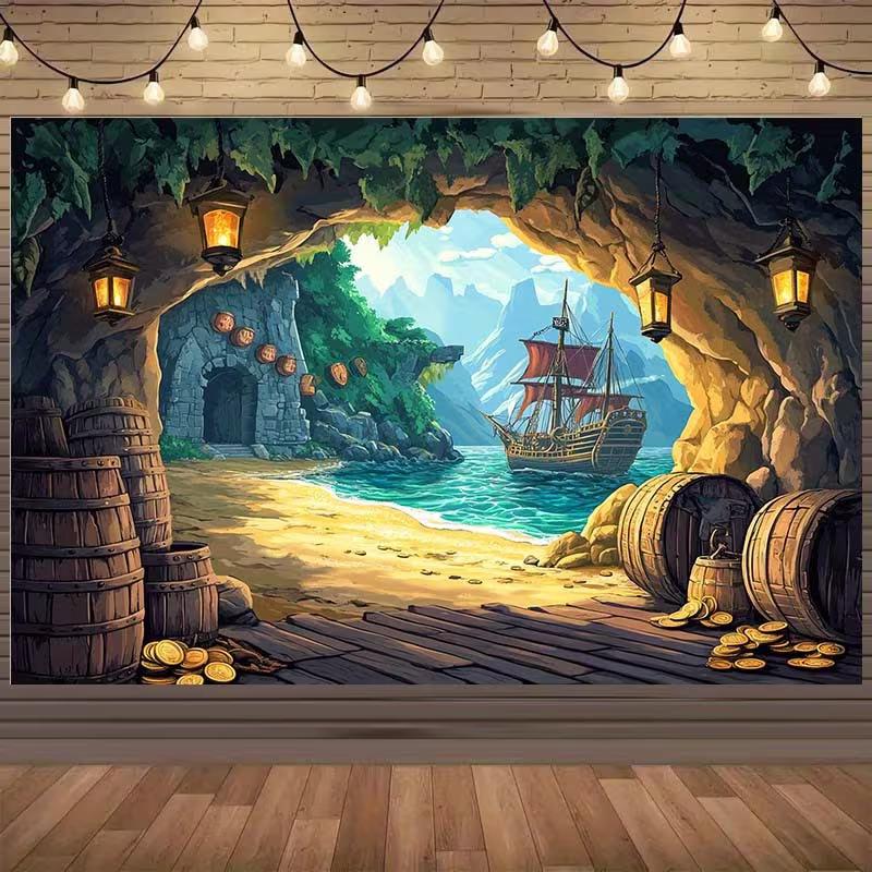 2D Cartoon Pirate Cove Backdrop Hidden Treasure & Galleon Photo Background 47.2x31.5inch/120*80cm