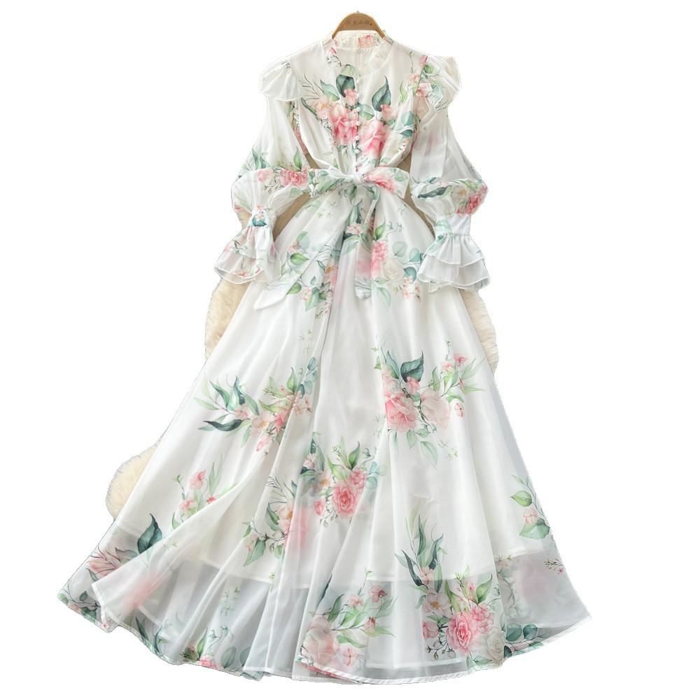 French romantic style print strap-on dress women's early spring long-sleeved V-neck lace-up waist A-word long dress elegant