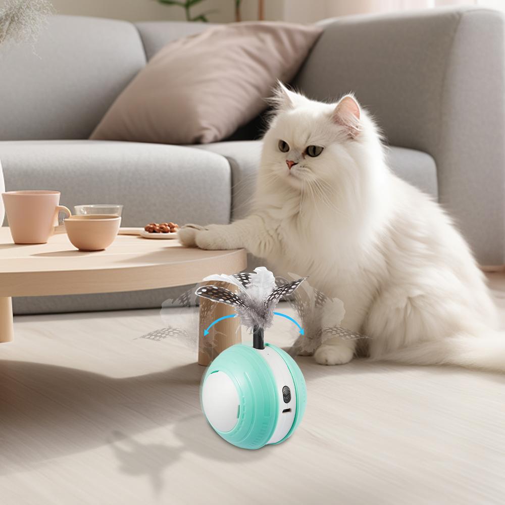 Automatisches Beweglicher Ball Puzzle Spielzeug Katze Teaser Ball Automatisches Bewegen mit Schwanzfeder 2 Modi Katzenball USB Wiederaufladbar Smart Cat