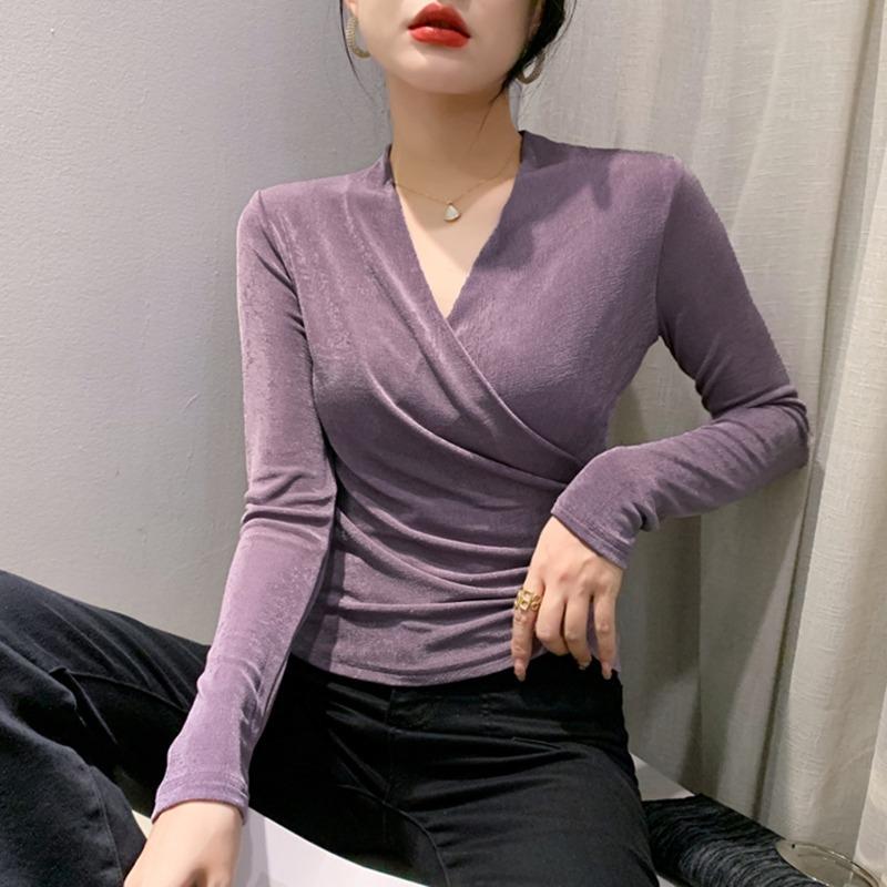 Sexy Cross V-neck T-shirt for Women In Women's Long-sleeved Autumn Fashionable Design Pleated Top Temperament Waist-hugging Slimming Base Shirt