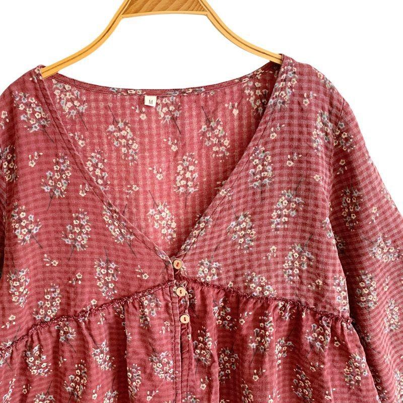 Johnature Damen Frühlingsdruck V-Ausschnitt Lässiges Vintage T-Shirt Mode Vintage Chinesischer Stil Retro T-Shirt
