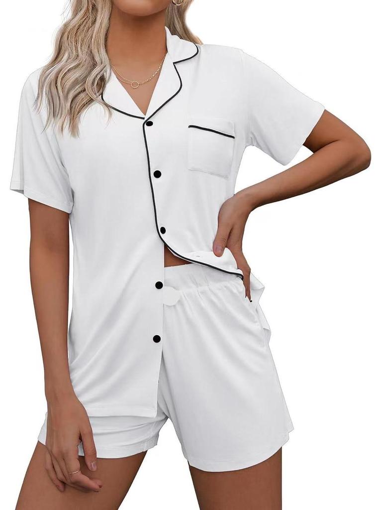 European & American Casual Lapel Women's Short Sleeve Cardigan Pajama Set with Shorts