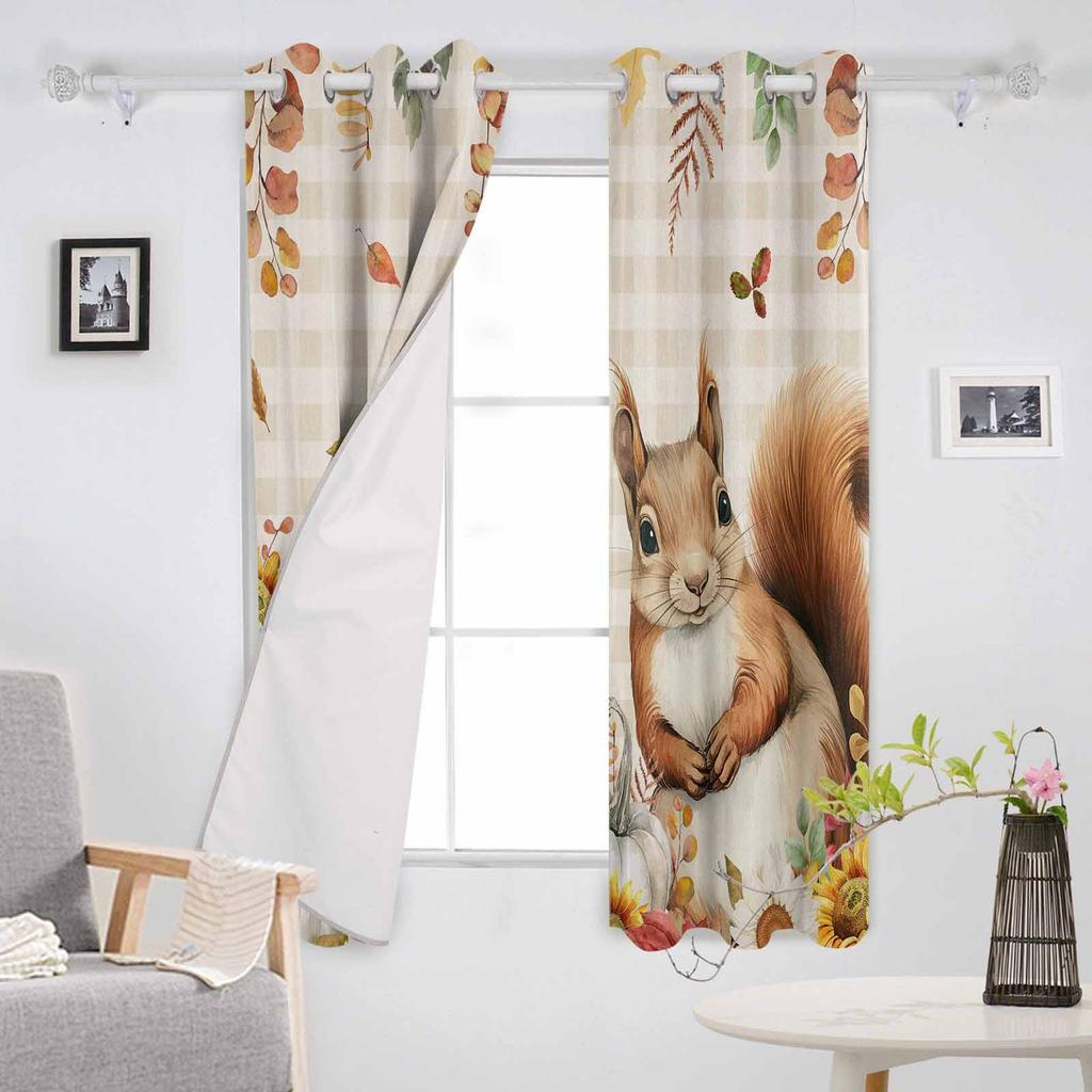 Thanksgiving Eucalyptus Leaf Pumpkin Sunflower Squirrel Blackout Curtains For Living Room Bedroom Window Treatment Blinds Drapes