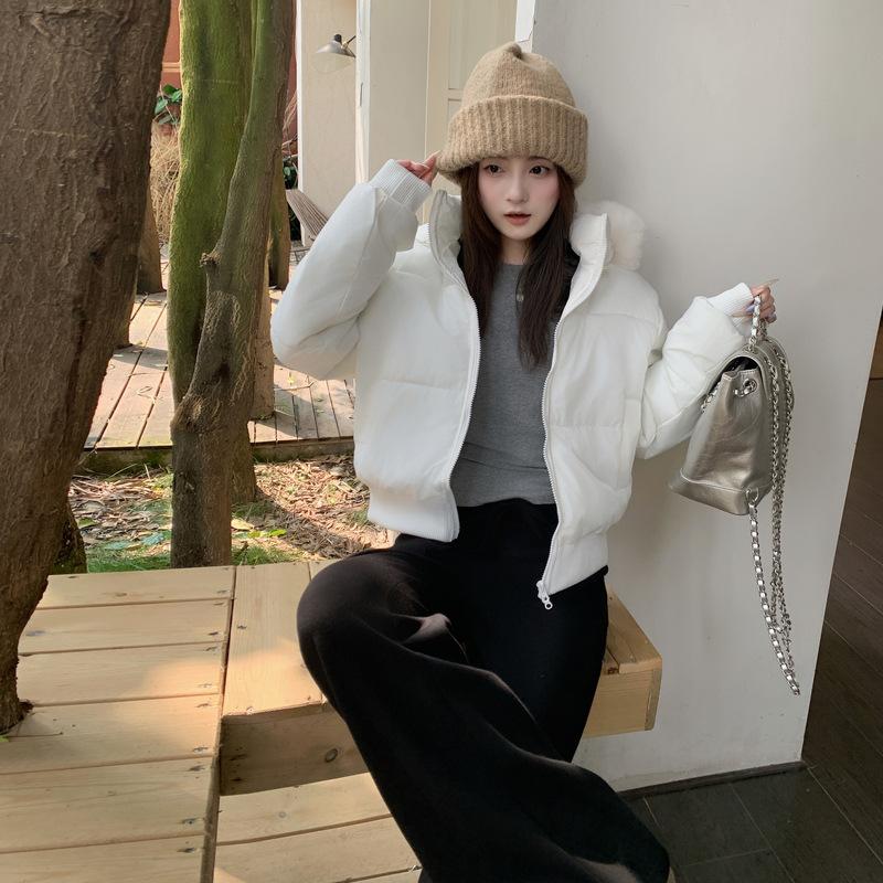 Navy Blue Cotton-padded Jacket Hooded Fur Collar Cotton-padded Jacket Women's Winter New Thickened Short Bread Coat.