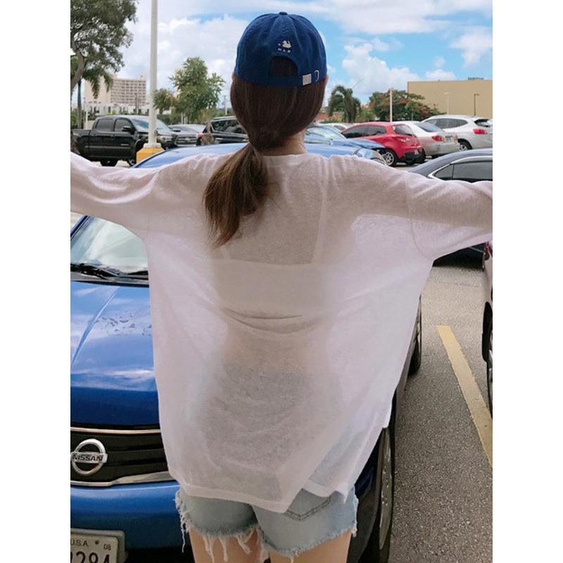 Fashion Long Sleeve Loose Sunscreen T-shirt for Women Split See Through Covers Up Loose Casual Thin Sexy Women Pullover T Shirt Strap Tee Top 2821
