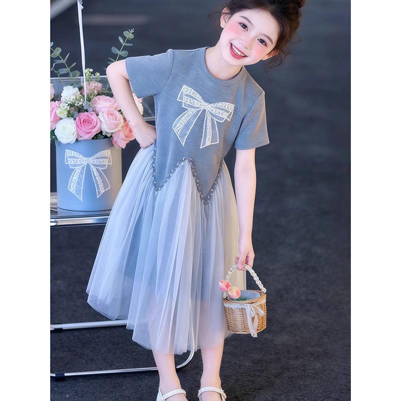 Girls Summer Fake Two Piece Dress Short Sleeve Bowknot Preppy Fairy Skirt For Big Kids