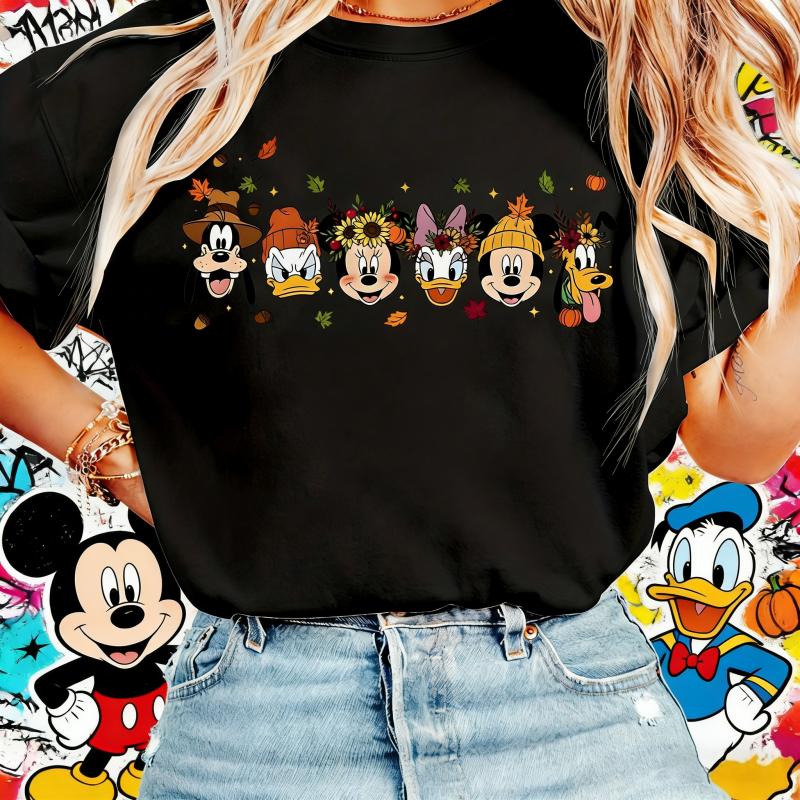Disney Ladies High Flying Donald Duck Minnie Daisy Pluto Wreath Leaves Pumpkin Soft Round Neck 100% Pure Cotton Printed T-shirt