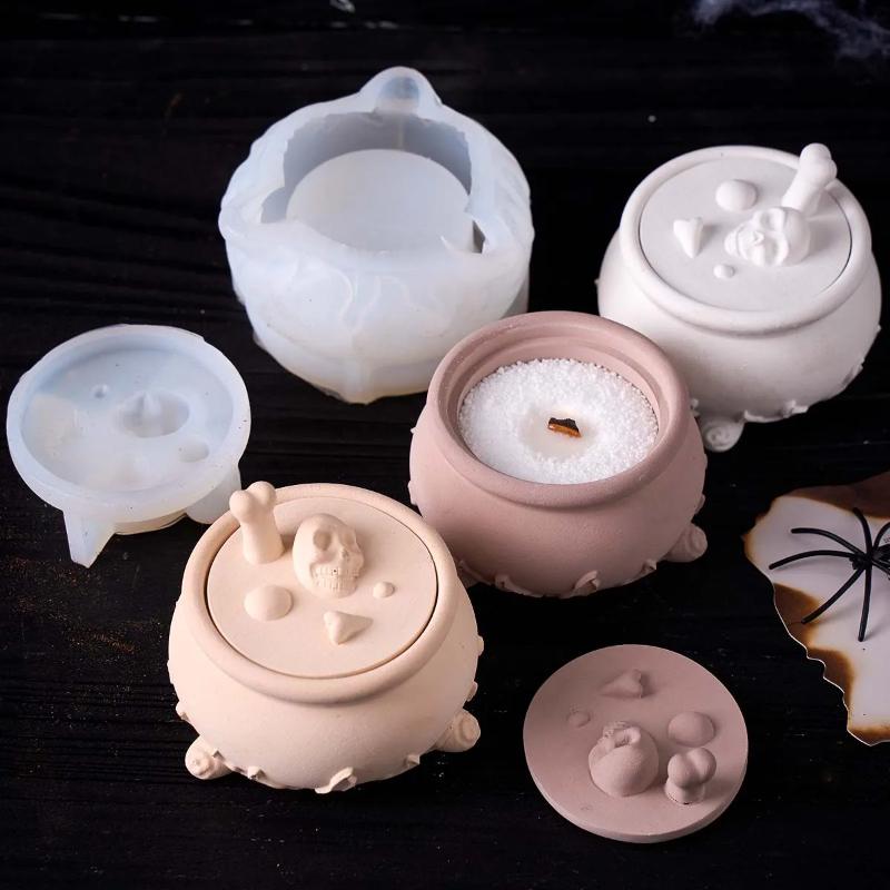 Halloween Ornaments Skull Candle Jar Silicone Mold DIY Handmade Jewelry Storage Box Plaster Resin Craft Casting Molds Home Decor
