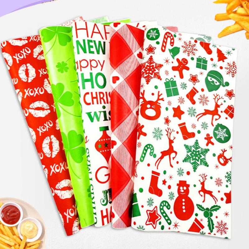 100PC Oil-Proof Paper Baking Wrapping Paper Christmas Theme Greaseproof Paper for Kitchen Sandwich Burger Wrapping Paper Plate