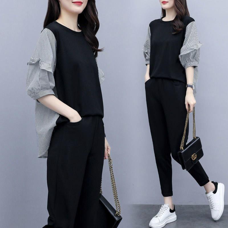 Plus Size Women's Summer Style Fat Girl Casual Loose Slimming Belly-covering Striped Two-piece Set