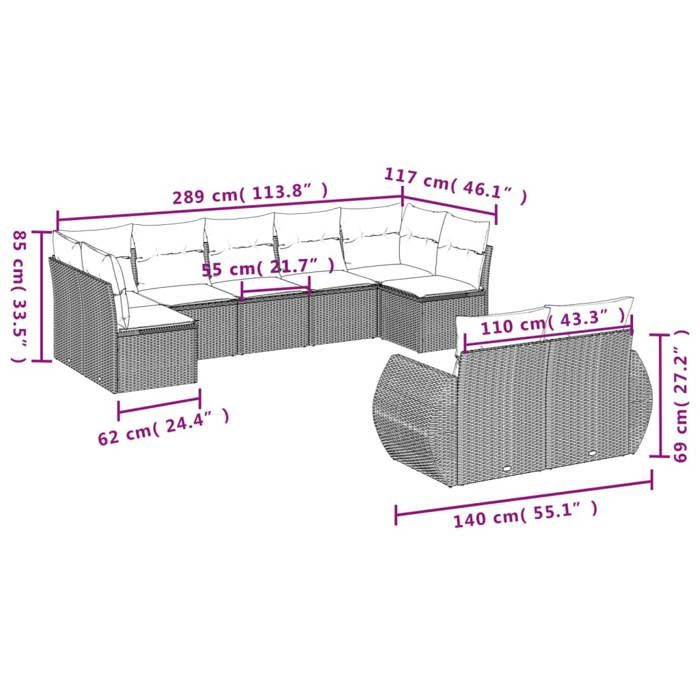 VidaXL Salon de Jardin avec Coussins 9 pcs, Canapés de Terrasse, Ensemble de Meubles de Patio, Mobilier d'Extérieur, Marron 3254160