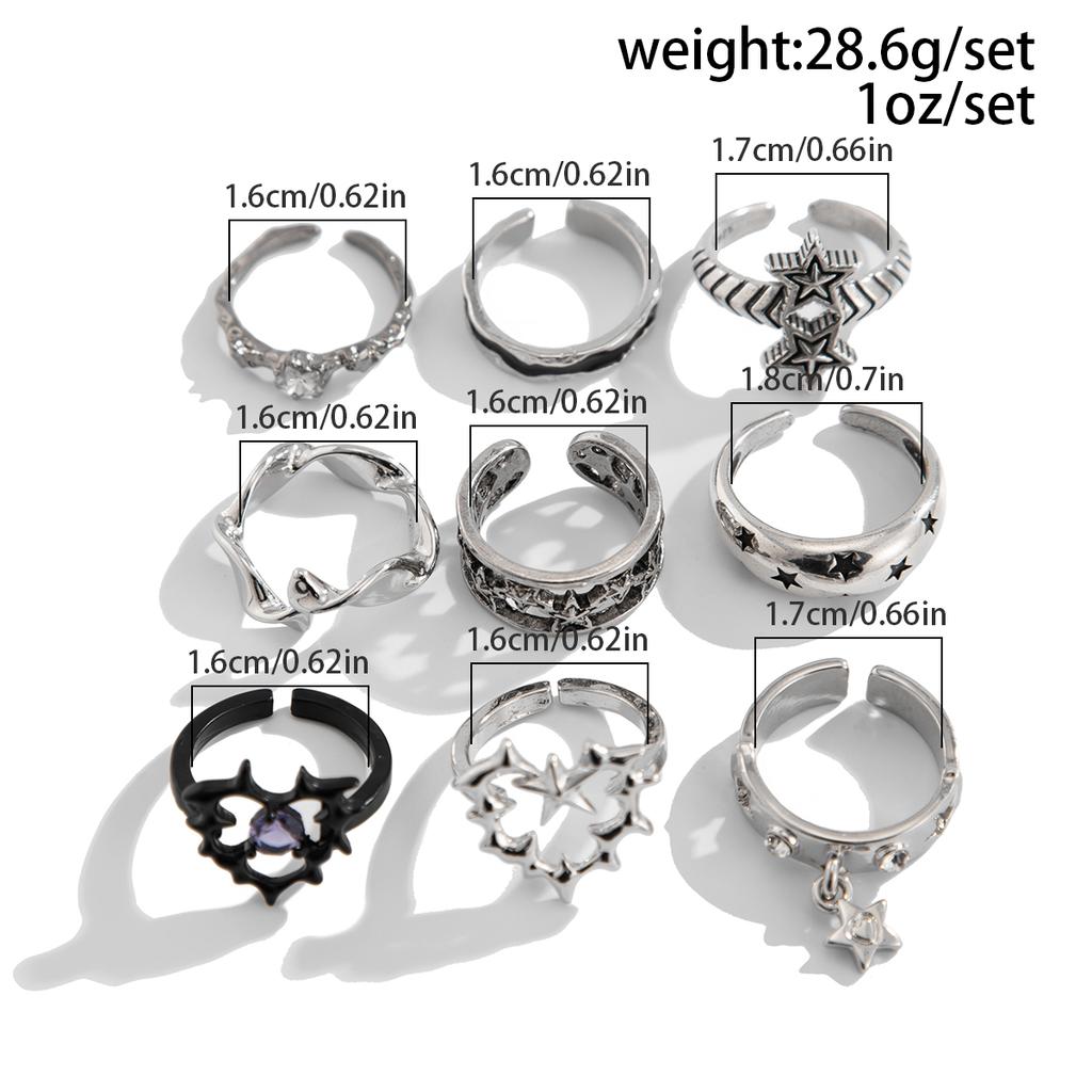 Ingemark 9Pcs/Set Goth Ancient Silver Color Open Rings for Men 2026 Trend Vintage Metal Star Hollow Bat Shape Rings Male Jewelry