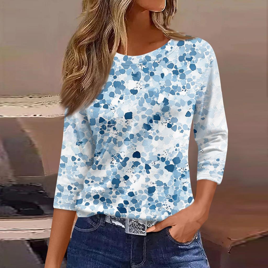 Women's Three-Quarter Sleeve Shirt, Round Neck, Loose Fit, Casual Shirt, Floral Print T-Shirt, Summer